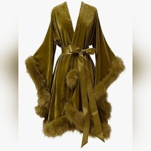 Velvet Faux-Fur Trim Satin Belt Robe - Olive
